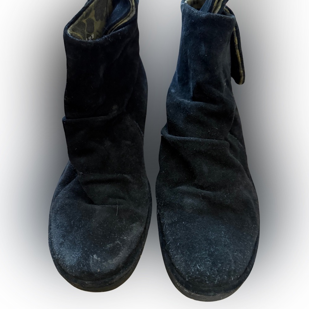 Black Suede Fly London Booties With Comfort Heel, Wast-On Hook-and-Loop Closure